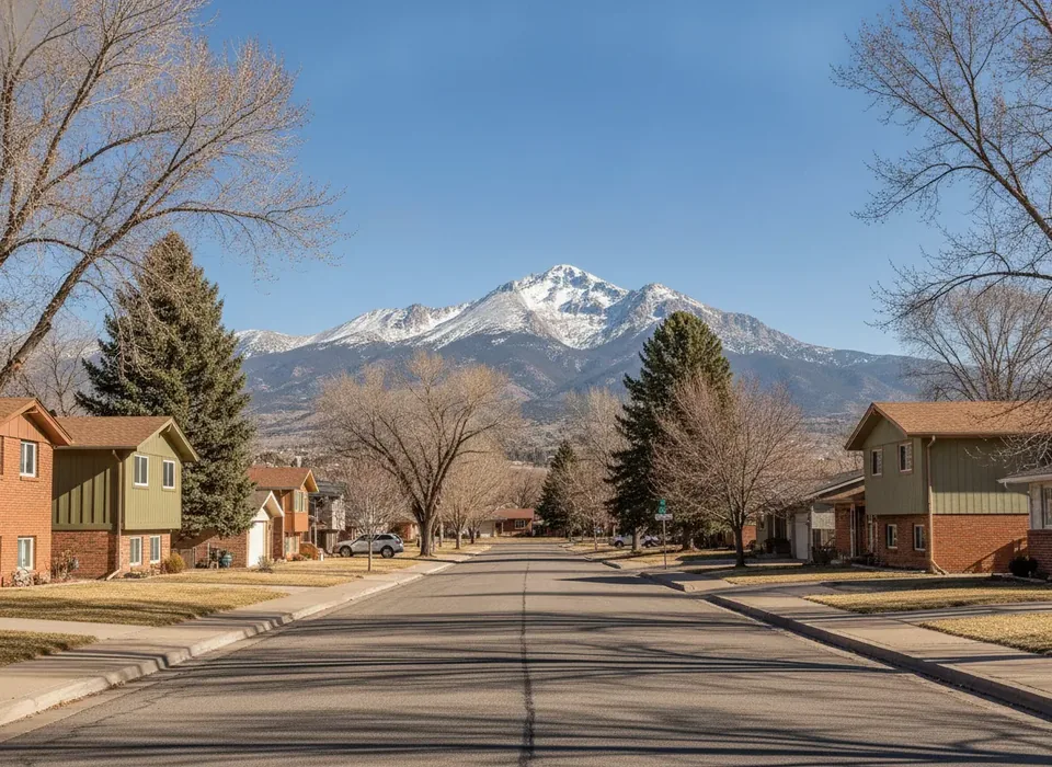 Colorado Springs neighborhood street with Pikes Peak behind
