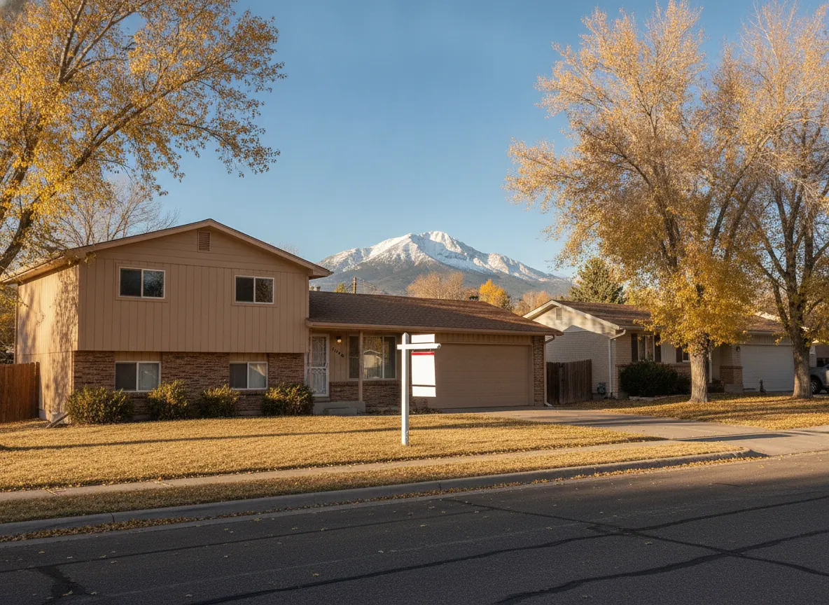 Illustration: A Colorado Springs split-level home with a for-sale sign in the front yard on an autumn afternoon, Pikes Peak with early snow in the background.