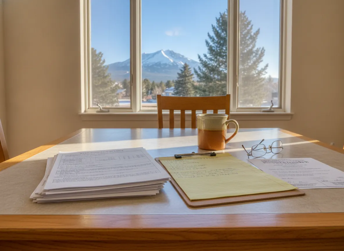 Illustration: A homeowner's kitchen table in a Colorado Springs home with a printed written remediation protocol, a liability insurance certificate and a clipboard of questions laid out beside a coffee mug, Pikes Peak visible through the window.