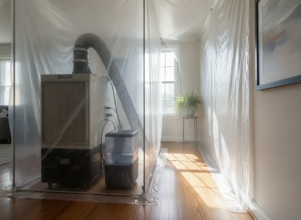 Air scrubber and dehumidifier inside a containment area
