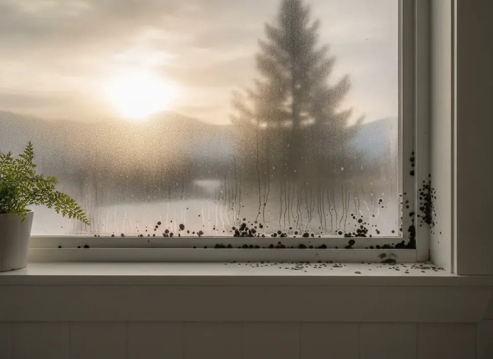 Condensation and mold along a bathroom window sill