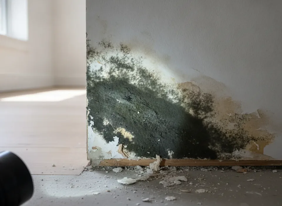 Dark mold growth on drywall behind a baseboard