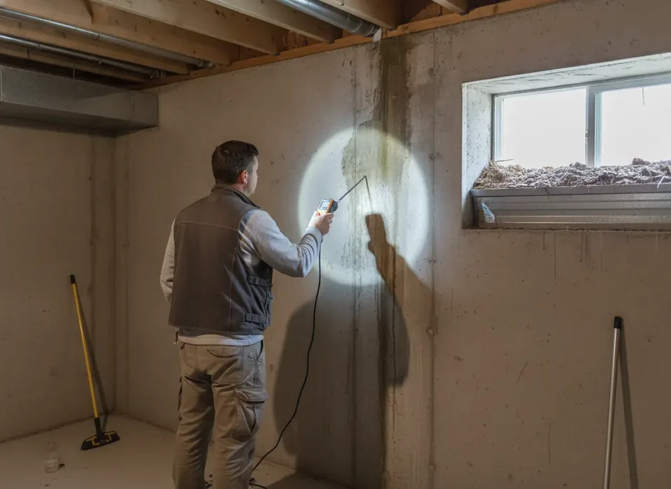 Inspector checking a damp basement wall with a moisture meter