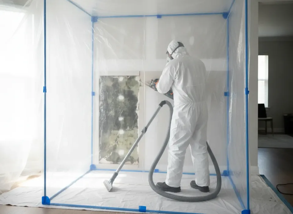 Technician removing mold-damaged drywall inside containment