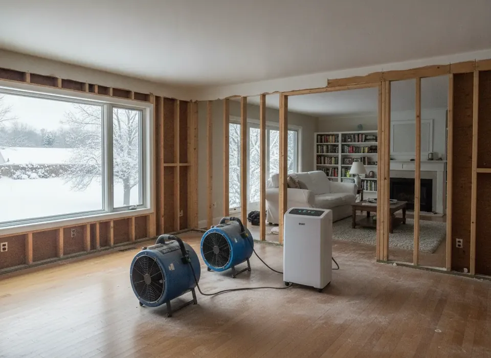 Flood cut drywall and drying equipment after a burst pipe